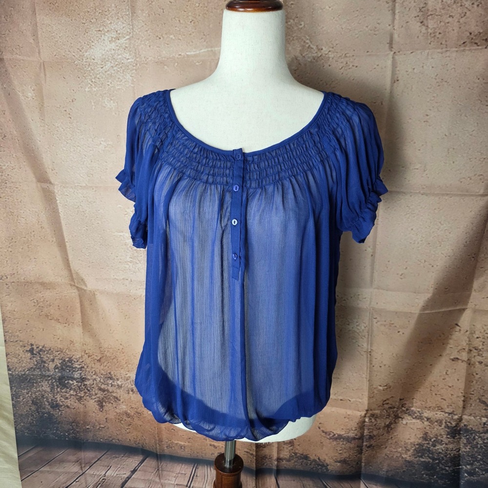 Joe Fresh Royal Blue Peasant Blouse Semi Sheer Smocked Ruffle Top Womens Medium